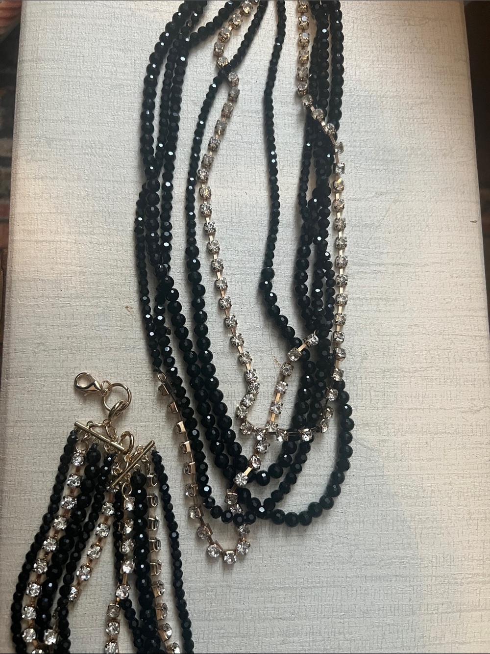 Multi-Strand Black Bead and Crystal Necklace and choker Set